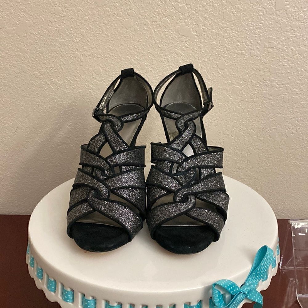 Antonio Melani black/grafite sparkly high heel sandals ankle strap 9M